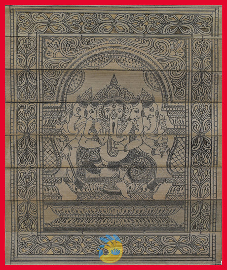 Ancient art of Palm Leaf Painting (Talapatra Chitra) from Odisha depicting a unique Panchamukhi Lord Ganesha form. Golden Yellow frame is suggested to enhance the beauty of the painting even further.