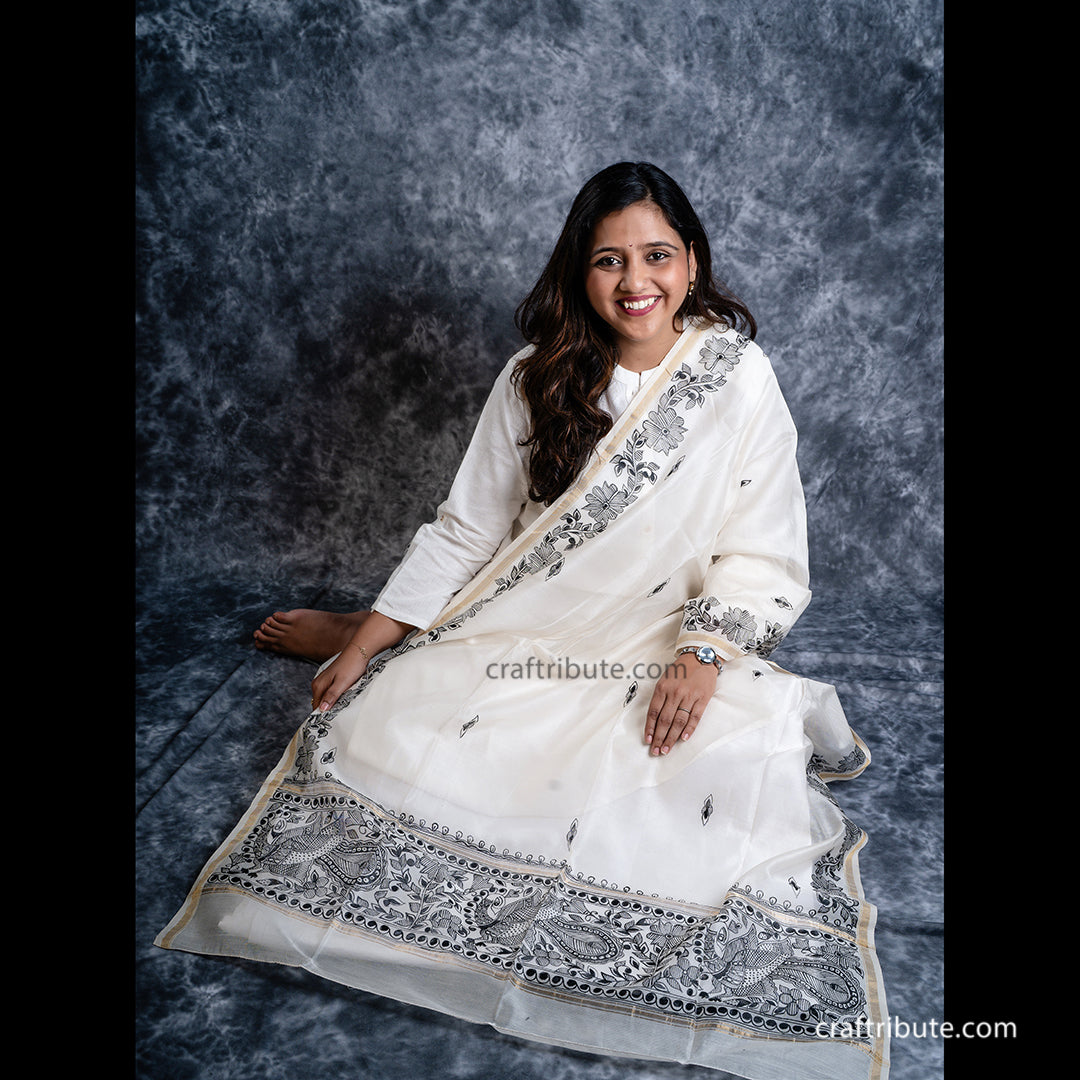 Madhubani Hand Painted Chanderi Silk Dupatta Craftribute Black Peacocks  91 cm x 251 cm