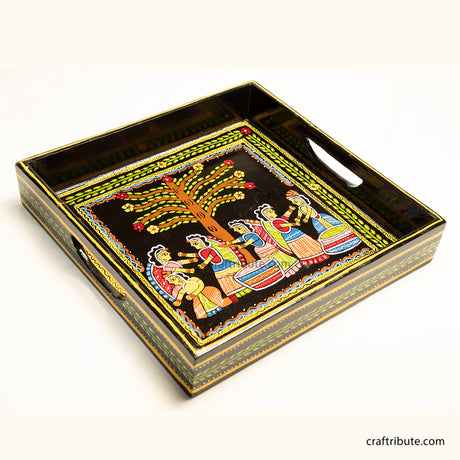 Hand-painted Tikuli Decorative tray with artistic design of friends having a fun time under a tree.