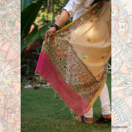 Madhubani hand painted Cotton Silk Dupatta – Pink Border