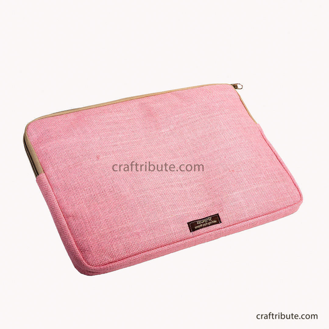 Back side of hand embroidered 15" laptop sleeve in attractive baby pink 