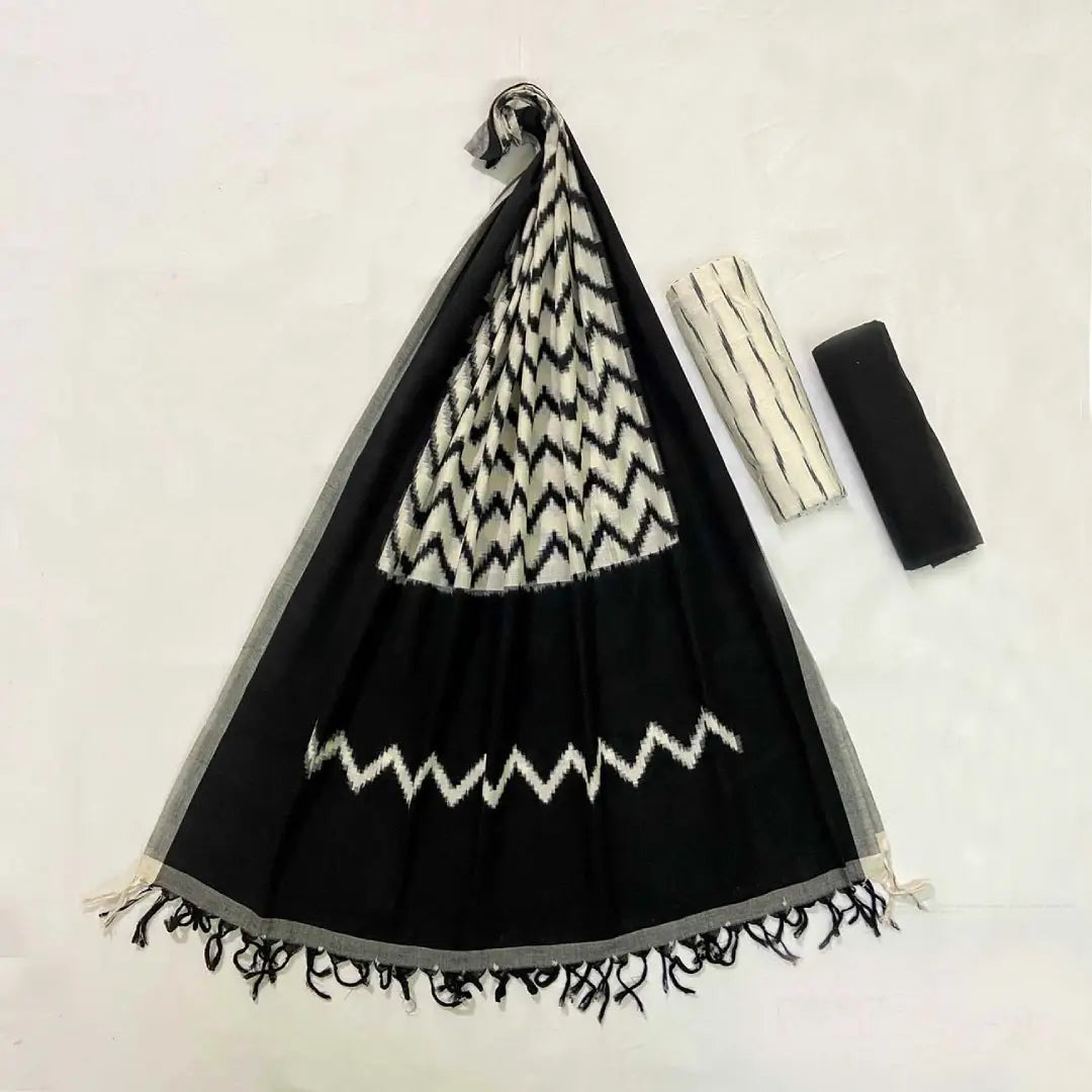 Pochampalli Patola (Double Ikat) Black White Wave Handloom Dress Material