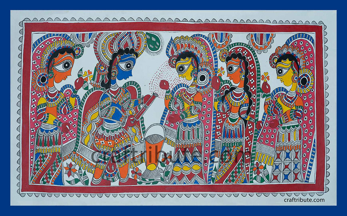 Madhubani Painting – Radha Krishna playing Holi