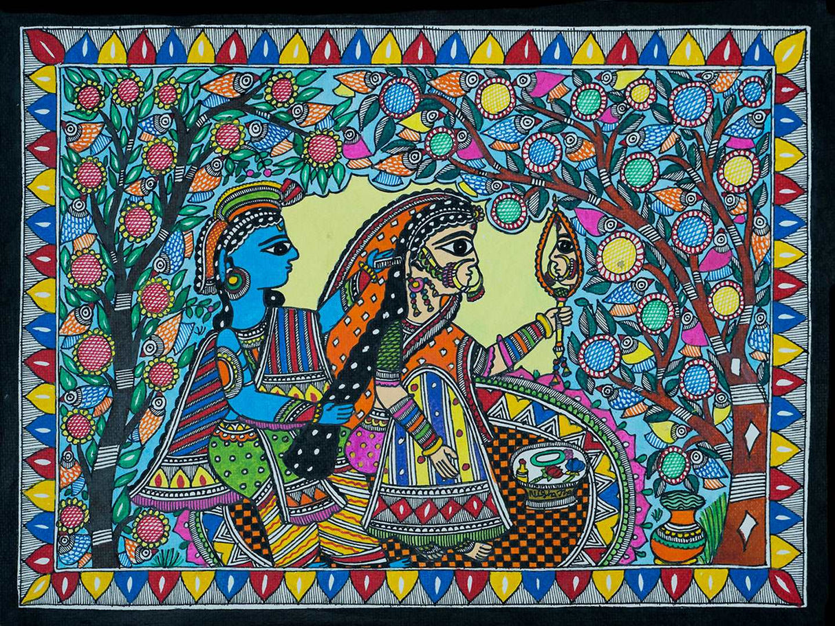 Madhubani Painting – Radha Krishna Reflection