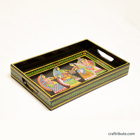 Decorative Tikuli Art tray with colorful artistic design on a white background