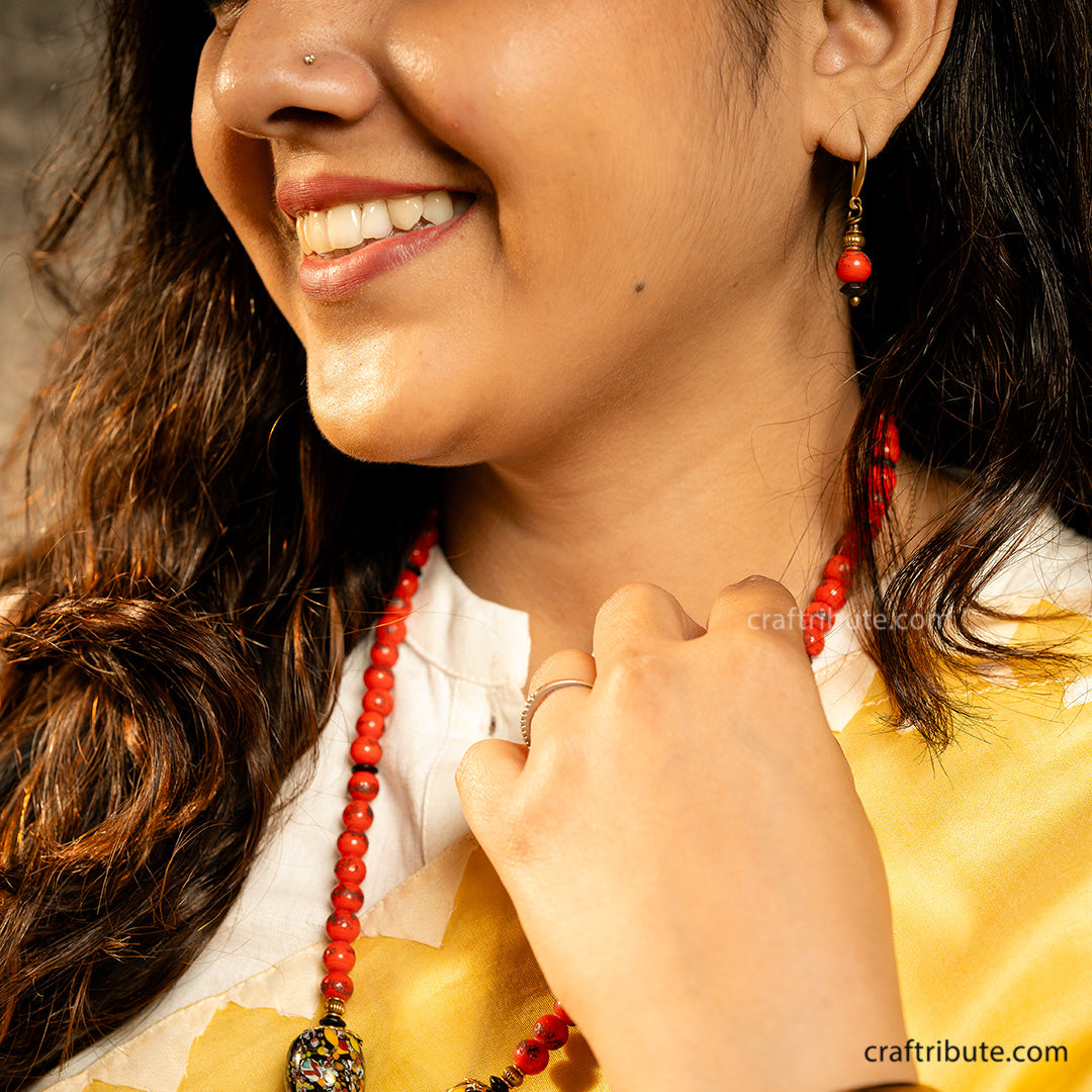 Close up of Bead Earrings from the handcrafted Tikuli Art Jewellery Set