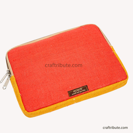 Back Side of the Bright & Beautiful Hand Embroidered Jute 11"iPad/Tablet sleeve in Red & Yellow