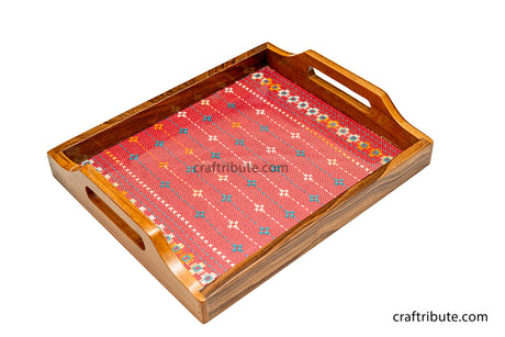 Hand embroidered Jute Panel Wooden Rectangular Tray