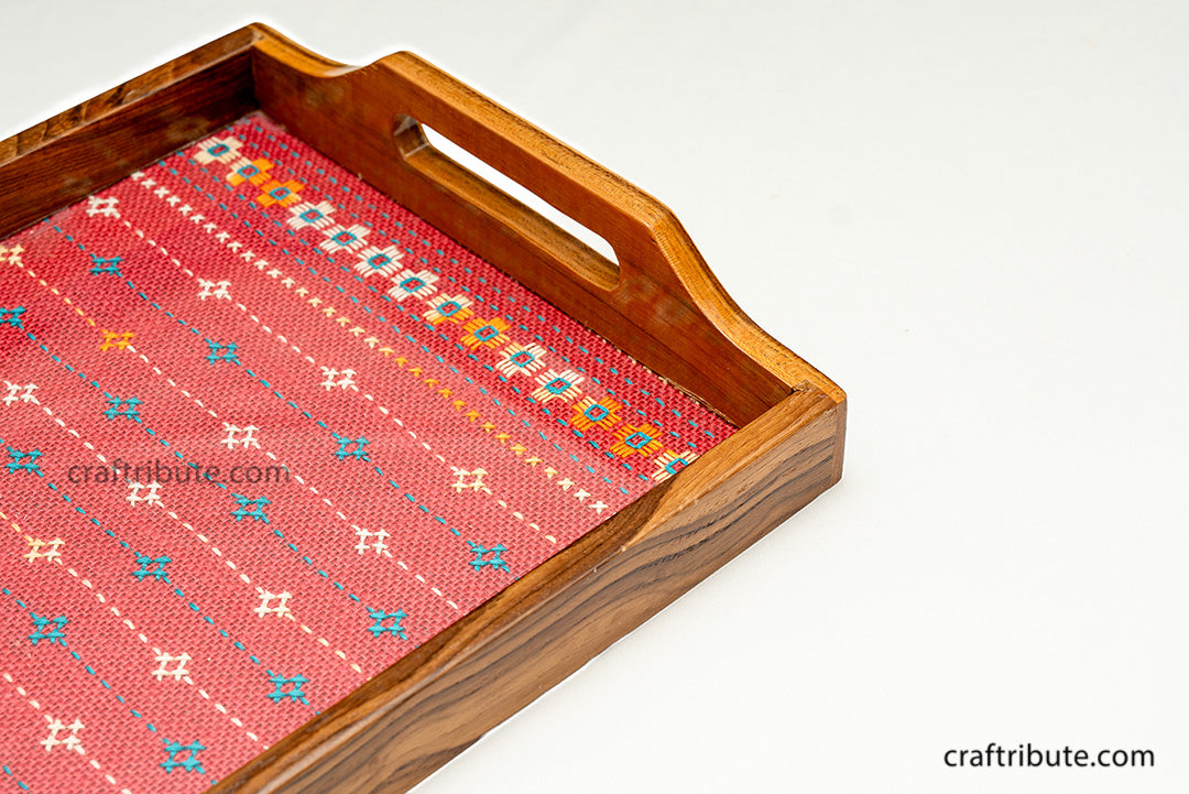 Close up of Hand embroidered Jute Panel Wooden tray