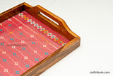 Close up of Hand embroidered Jute Panel Wooden tray
