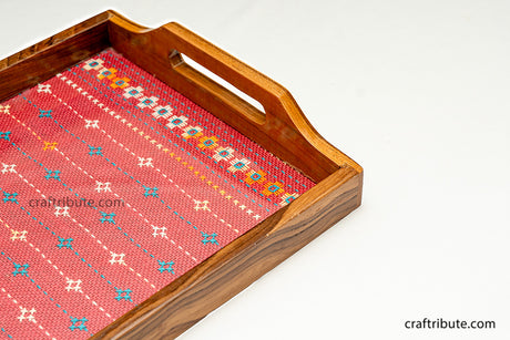 Close up of Hand embroidered Jute Panel Wooden tray