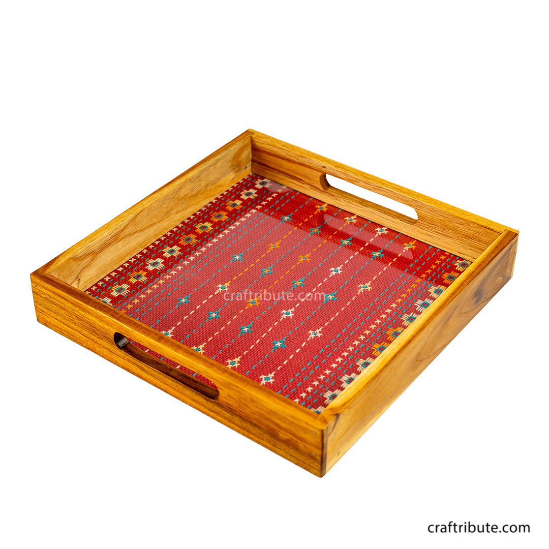 Hand Embroidered Jute Panel Square Shape Tray in Sagwan Wood