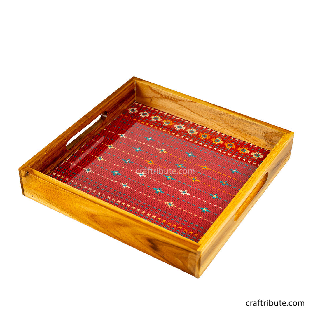 Tribal Hand Embroidered Jute Square Tray with Sagwan Wooden Frame