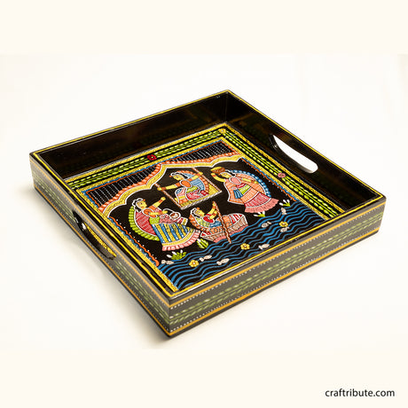 Hand-painted Tikuli Art Decorative tray with intricate design depicting boating and other fun activities by friends on a riverbed.