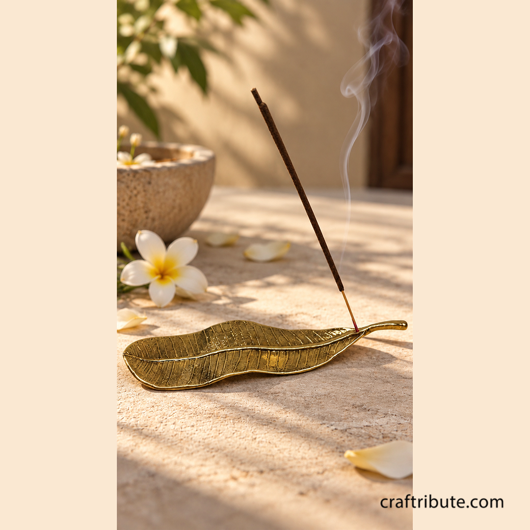 Handcrafted Brass Champa Leaf Incense Holder | 23 cm x 5 cm | Craftribute