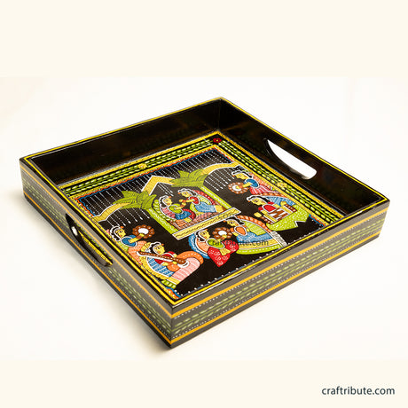 Tikuli Art hand-painted decorative tray with artistic design depicting the sangeet ceremony at a wedding