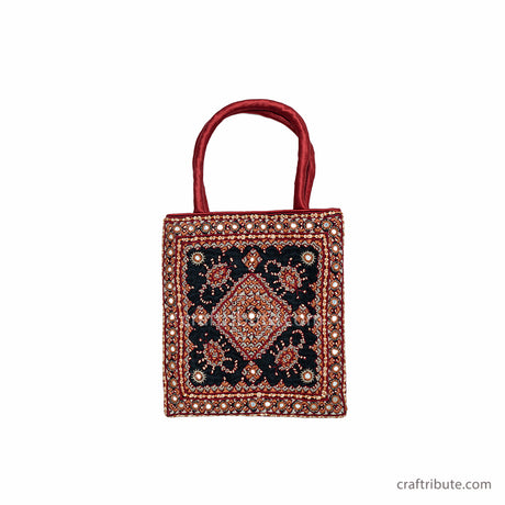 Handbag hand embroidered in Neran Kutch Embroidery style showcasing Scorpio design in attractive Red & Black colours