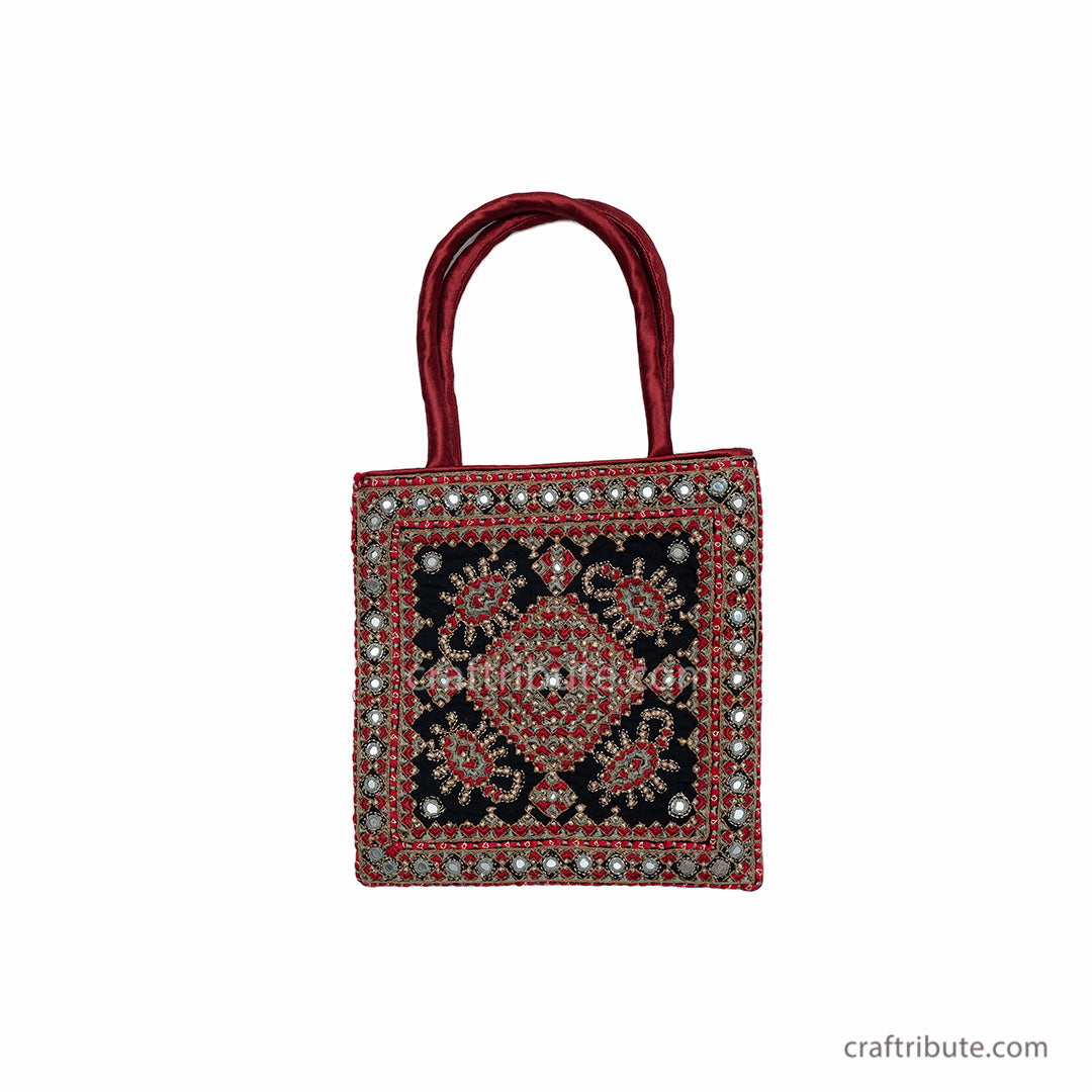 Handbag front side with Neran Kutch Embroidery with a Scorpio design in attractive Red & Gold combination