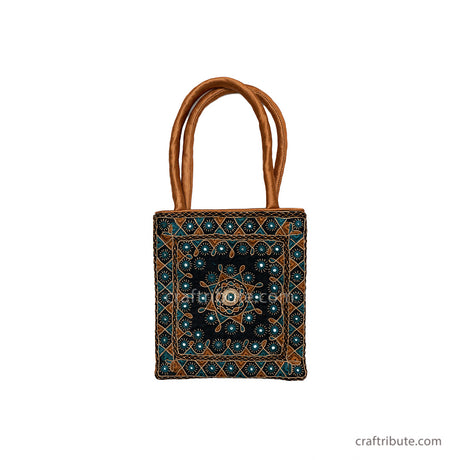 Cute hand bag in Pakko Kucth Embroidery with shining star design in rich Gold & Blue colour combination