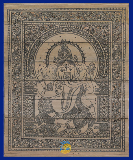 Ancient Art of Palm Leaf Painting (Talapatra Chitra) from Odisha depicts Lord Ganesha in a majestic form. Blue Frame is suggested to enhance the beauty of this painting even further.