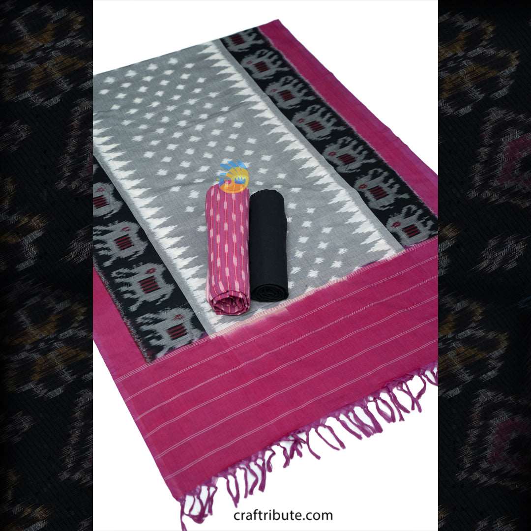 Craftribute Pochampally Dress Material | 100% Cotton | Handwoven | Pink & Black Craftribute Pochampally Dress Material | 100% Cotton | Handwoven | Pink & Black