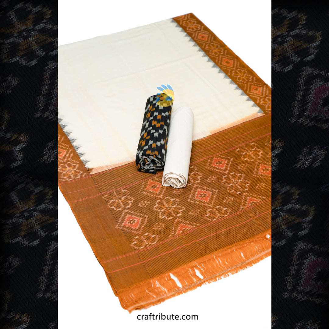Pochampally Double Ikat Cotton Dress Material With Dupatta | Craftribute | White & Brown | Paagadu Bandhu Handloom