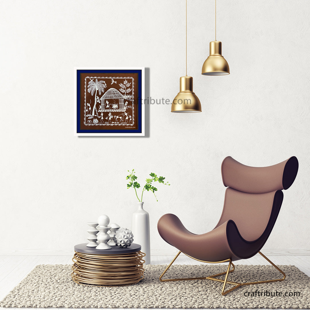 Tribal Warli Painting | Craftribute | Palm Tree and House | Wall Decor 30 cm x 30 cm
