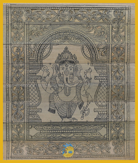 Ancient art of Palm Leaf Painting (Talapatra Chitra) from Odisha depicting Lord Ganesha in standing Posture. Golden Yellow frame is suggested to enhance the beauty of the painting even further.