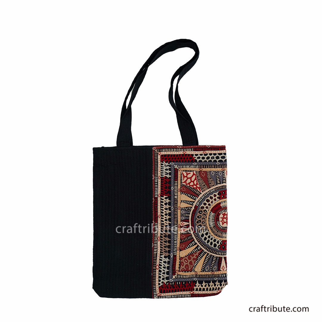 Back side of Black tote bag with Khudi Seba Kutch Embroidery with red & grey design