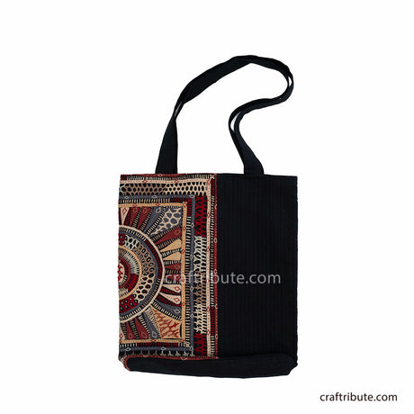 Black tote bag with Khudi Seba Kutch Embroidery with red & grey design - Front