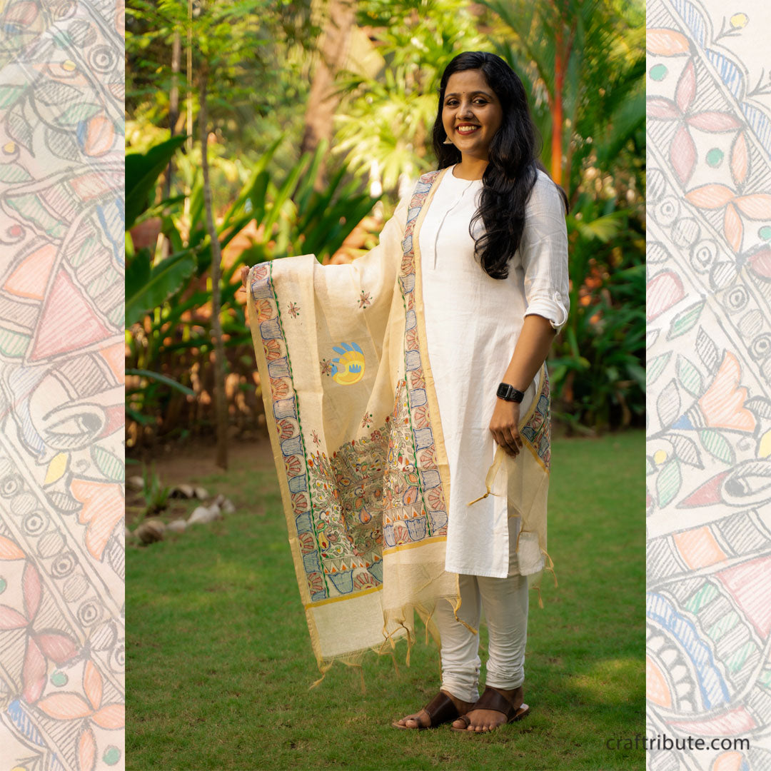 Madhubani hand painted Cotton Silk Dupatta – Tree of life