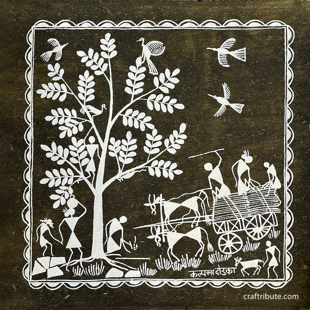 Tribal Warli Painting | Craftribute | Tree & Bullock Cart | Wall Decor 30 cm x 30 cm