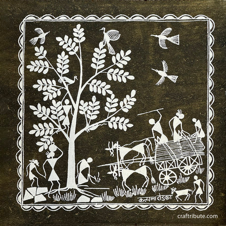 Tribal Warli Painting | Craftribute | Tree & Bullock Cart | Wall Decor 30 cm x 30 cm