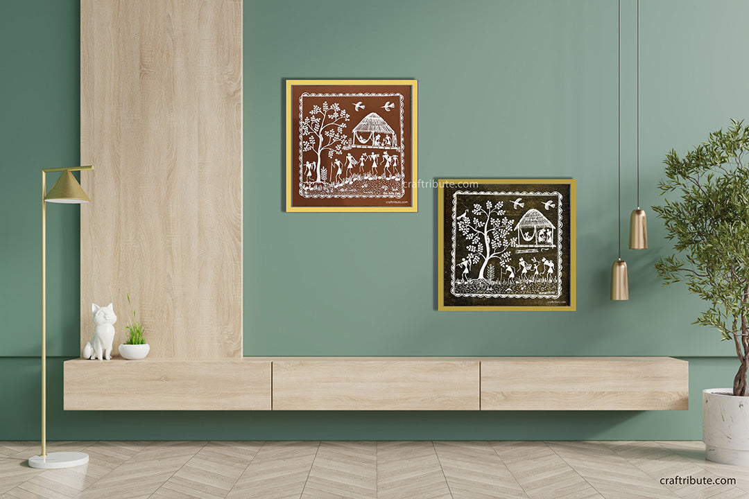 Authentic Tribal Warli Painting | Craftribute | Tree & House | Wall Decor 30 cm x 30 cm