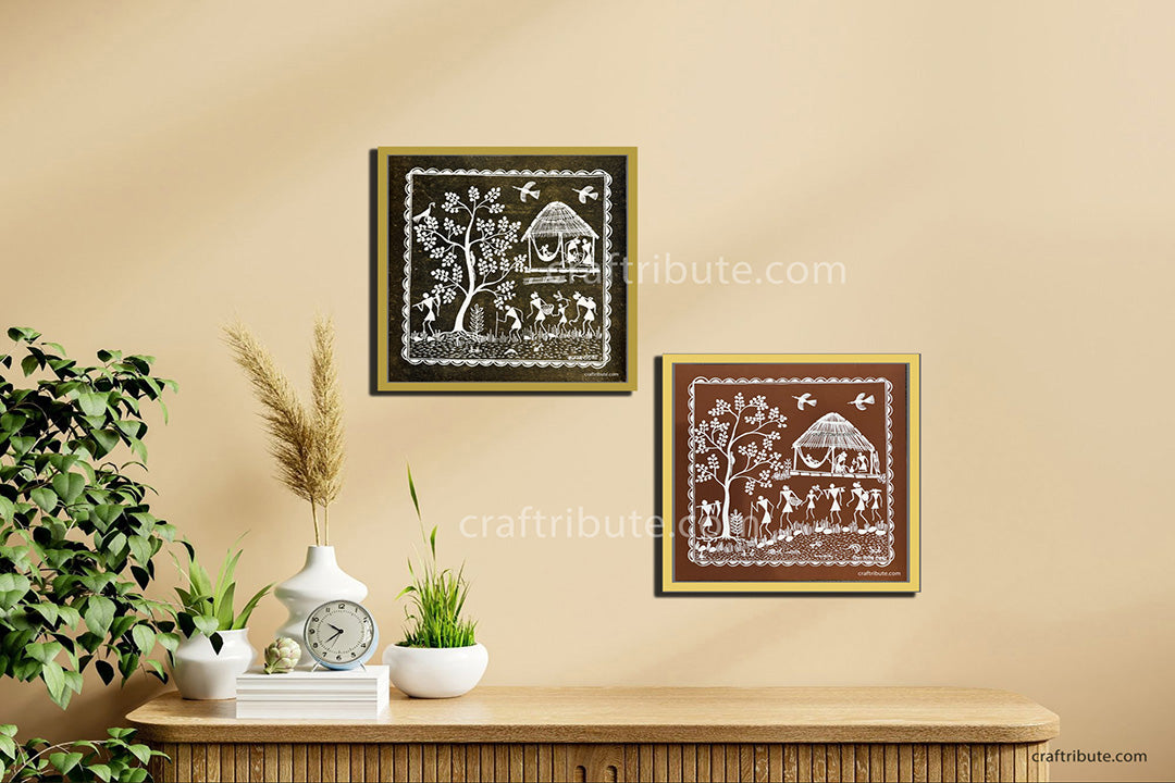 Authentic Tribal Warli Painting | Craftribute | Tree & House | Wall Decor 30 cm x 30 cm
