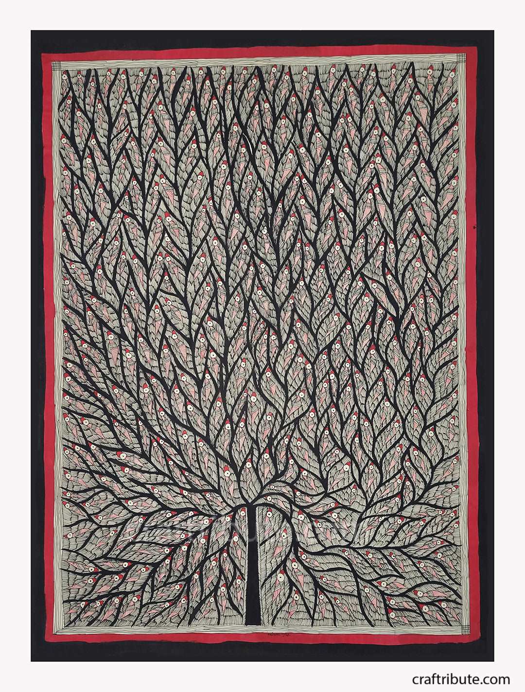 Madhubani Painting – Tree of Life (Black & Red)