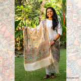 Madhubani hand painted Cotton Silk Dupatta – Triangles Border