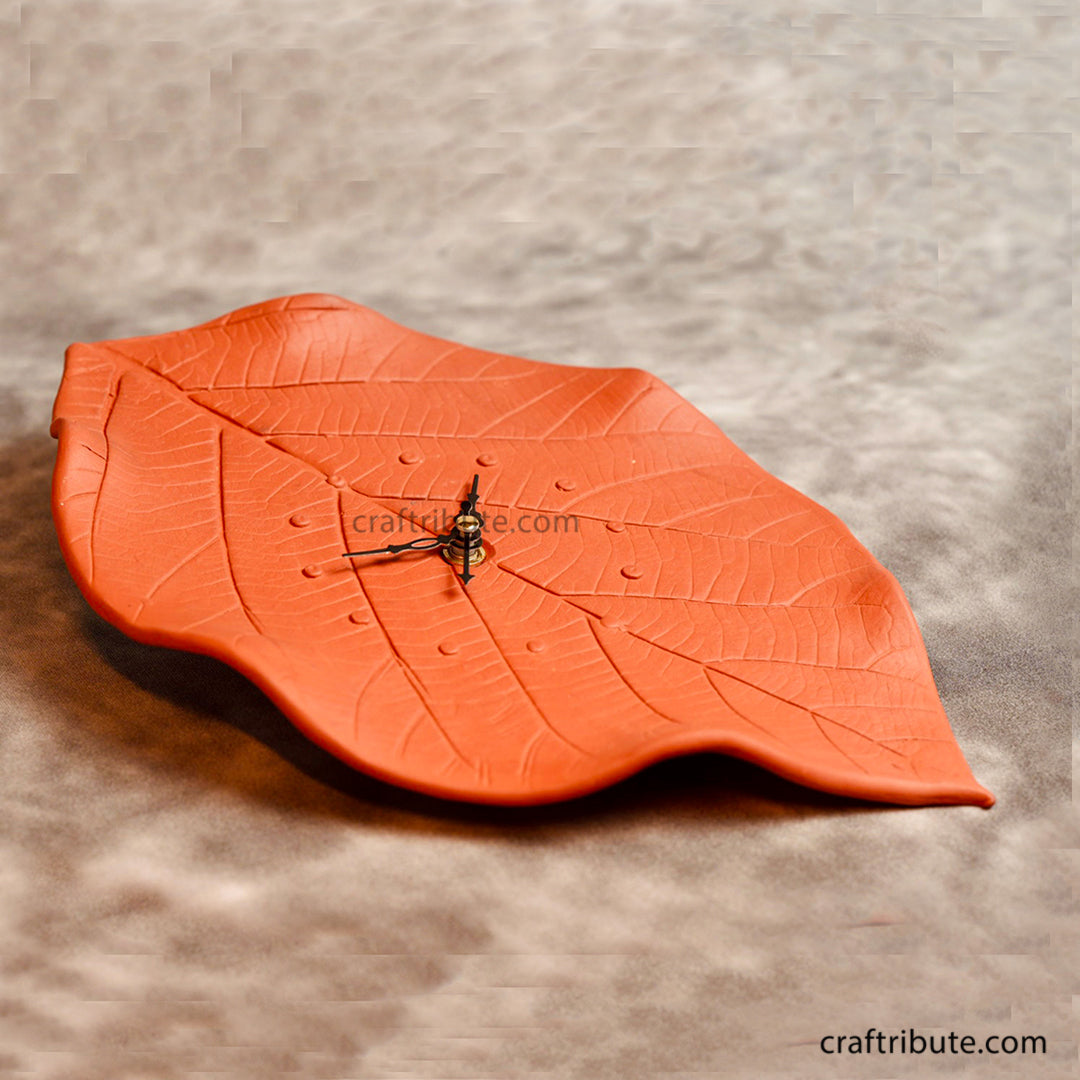 Terracotta Wall Clock - Teak Leaf Side View