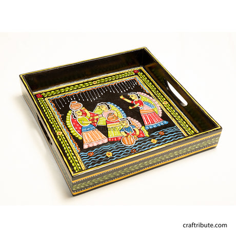 Decorative hand-painted Tikuli Art tray with artistic design in vibrant colours, depicting activities on a waterfront