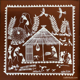 An authentic Warli Painting on a terracotta background, depicting a village scene. Women doing household chores; men enjoying a quiet moment.