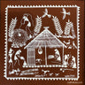 An authentic Warli Painting on a terracotta background, depicting a village scene. Women doing household chores; men enjoying a quiet moment.