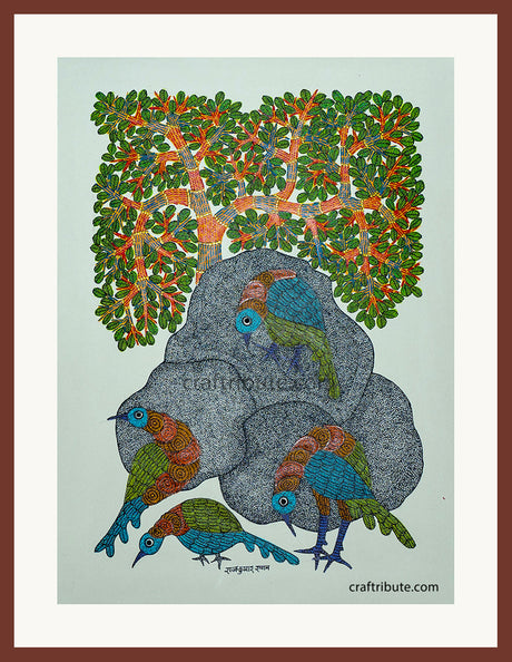 Gond Painting with a frame depicting birds on rock 