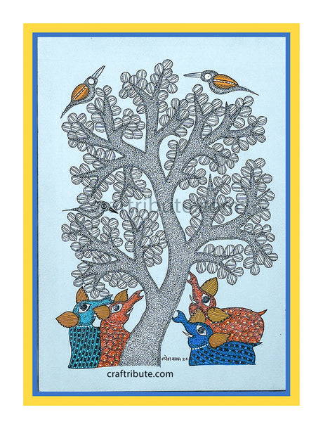 Framed Gond Painting with elaborate detailing of leaves and colourful elephants enjoying in the shade