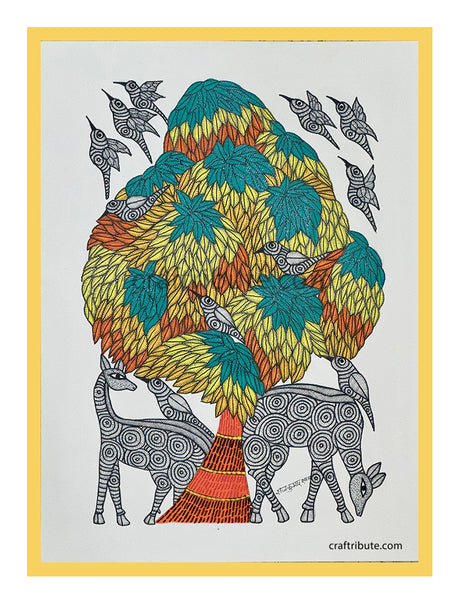 Framed Gond Painting of a tree in vibrant colours and deer foraging in its shade