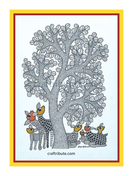 Framed Gond Painting elaborating grey tree and colourful deer underneedth