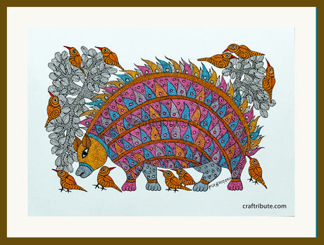 Colourful Porcupine Painting with frame in Tribal Gond Style