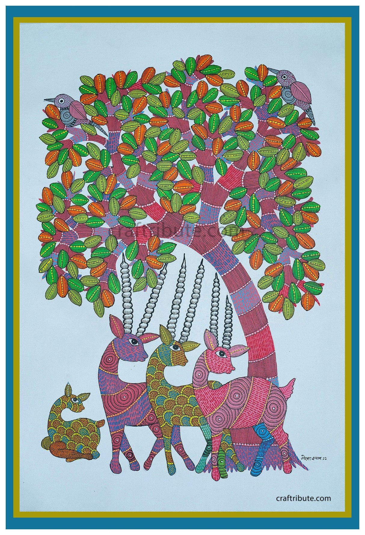 Gond Painting – Four Deer under Pink Tree