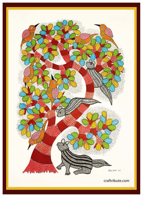 Gond Painting – Tree & Squirrels