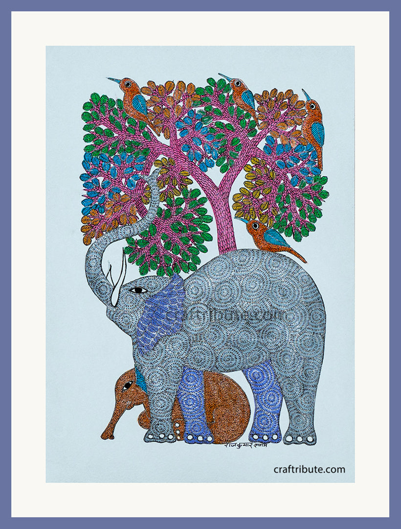 Tribal Art Gond Painting with frame depicting elephants under a tree