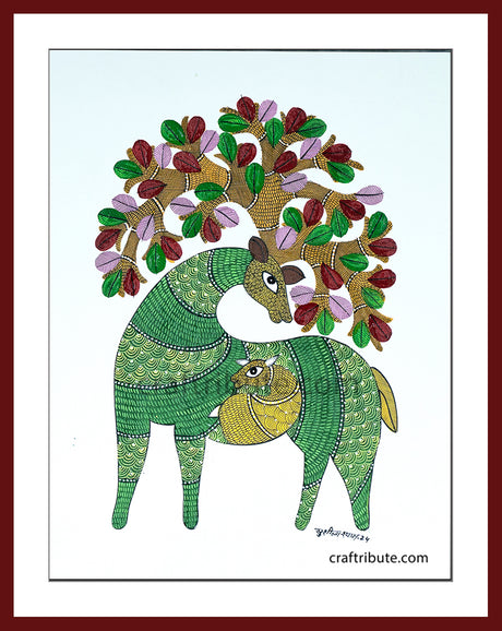 Framed Gond Painting highlighting a beautiful deer and tree branches sprouting from its horns